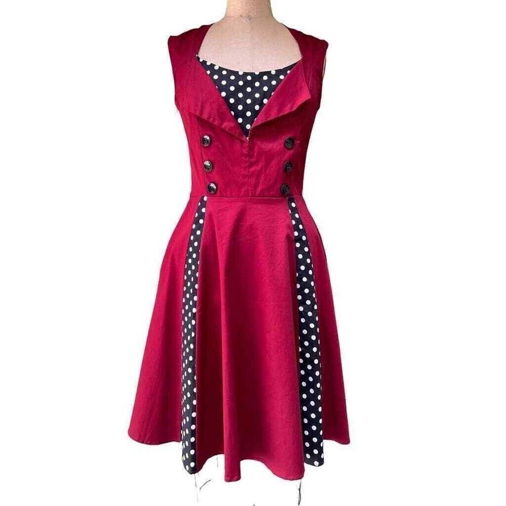 New Killreal Burgundy Red Black Polka Dot Fit Flare Swing Dress Retro Pinup
